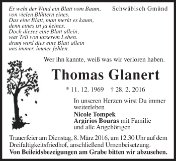 Traueranzeige von Thomas Glanert von Gmünder Tagespost