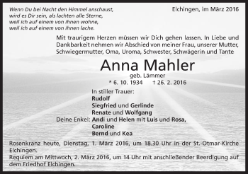 Traueranzeige von Anna Mahler von Schwäbische Post