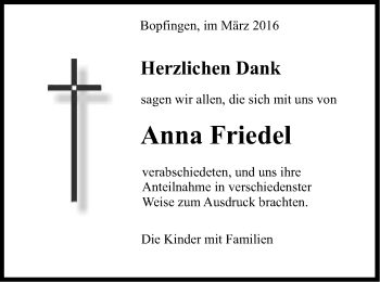 Traueranzeige von Anna Friedel von Schwäbische Post