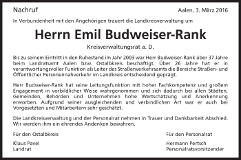Traueranzeige von Emil Budweiser-Rank von Schwäbische Post
