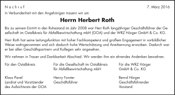 Traueranzeige von Herbert Roth von Schwäbische Post