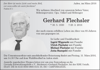 Traueranzeige von Gerhard Flechsler von Schwäbische Post