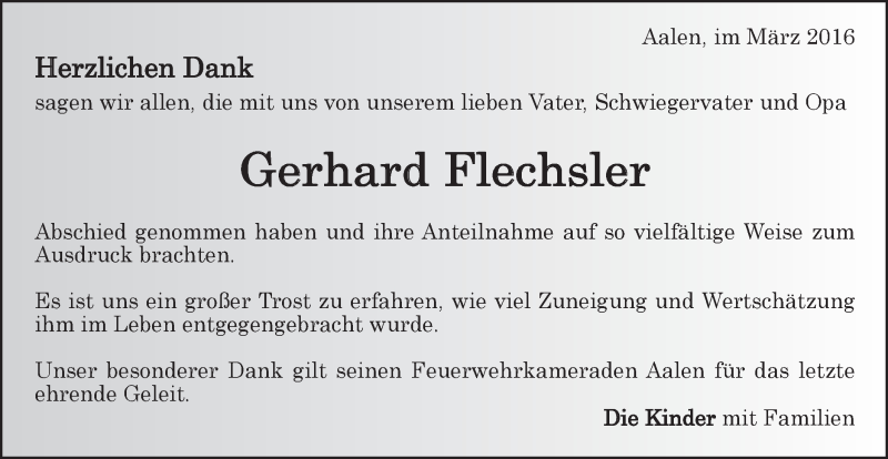  Traueranzeige für Gerhard Flechsler vom 19.03.2016 aus Schwäbische Post
