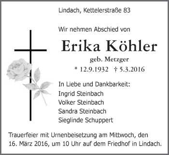 Traueranzeige von Erika Köhler von Gmünder Tagespost