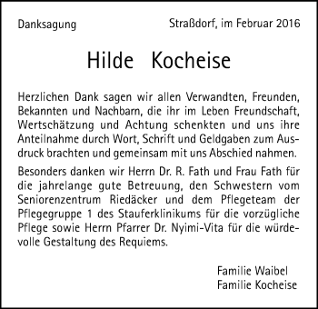 Traueranzeige von Hilde Kocheise von Gmünder Tagespost