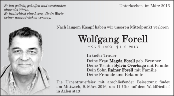 Traueranzeige von Wolfgang Forell von Schwäbische Post