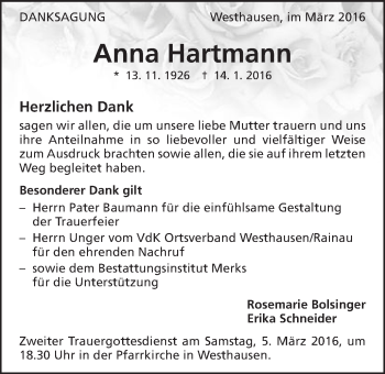 Traueranzeige von Anna Hartmann von Schwäbische Post