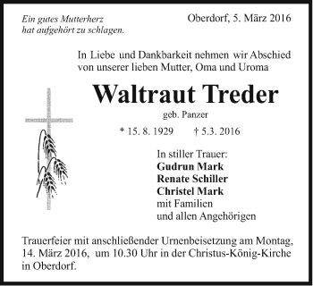 Traueranzeige von Waltraut Treder von Schwäbische Post
