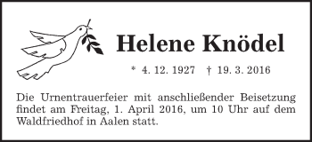 Traueranzeige von Helene Knödel von Schwäbische Post