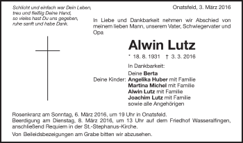 Traueranzeige von Alwin Lutz von Schwäbische Post