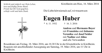 Traueranzeige von Eugen Huber von Schwäbische Post