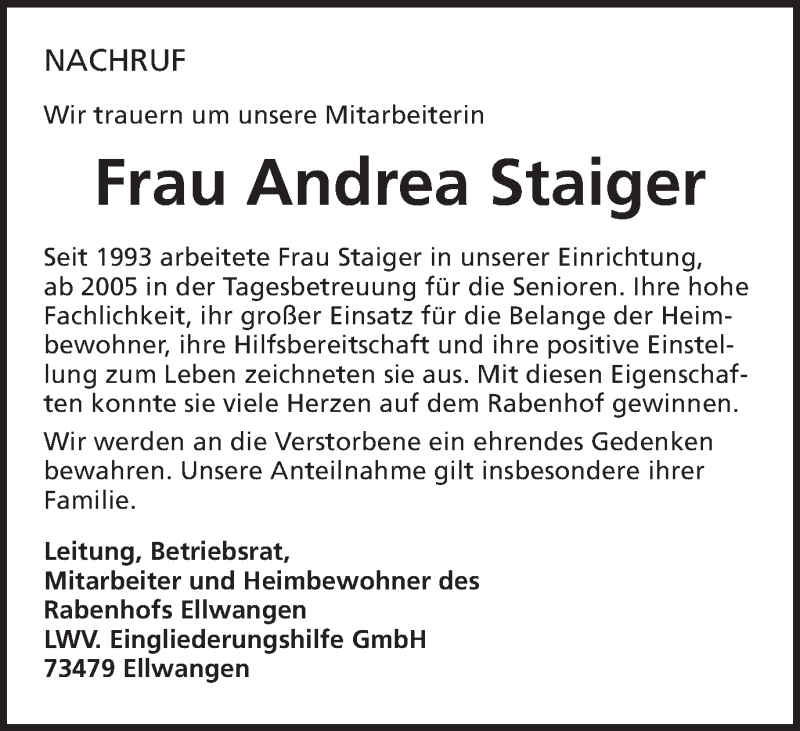  Traueranzeige für Andrea Staiger vom 01.03.2016 aus Schwäbische Post