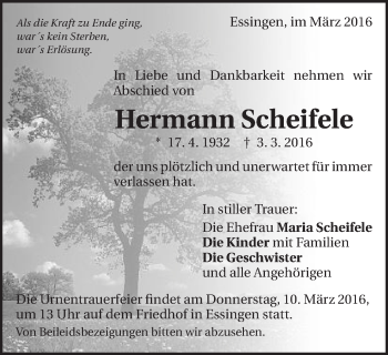 Traueranzeige von Hermann Scheifele von Schwäbische Post
