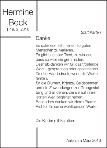 Traueranzeige von Hermine Beck von Schwäbische Post