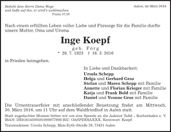 Traueranzeige von Inge Koepf von Schwäbische Post