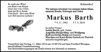 Traueranzeige von Markus Barth von Gmünder Tagespost