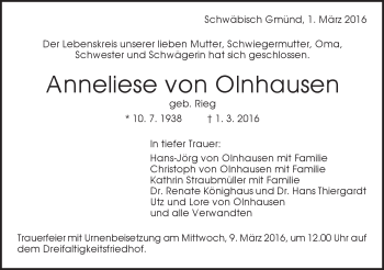 Traueranzeige von Anneliese von Olnhausen von Gmünder Tagespost
