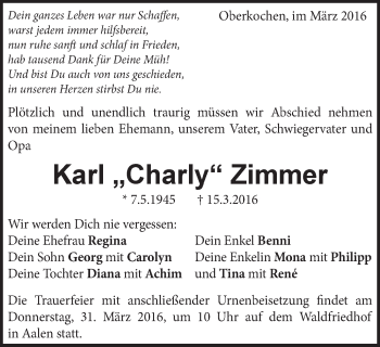 Traueranzeige von Karl  Zimmer von Amtsblatt_Oko