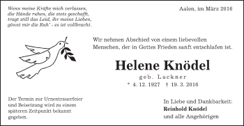 Traueranzeige von Helene Knödel von Schwäbische Post