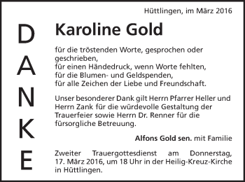 Traueranzeige von Karoline Gold von Schwäbische Post