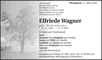 Traueranzeige von Elfriede Wagner von Schwäbische Post