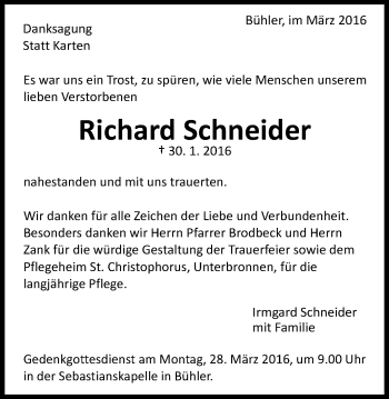 Traueranzeige von Richard Schneider von Schwäbische Post