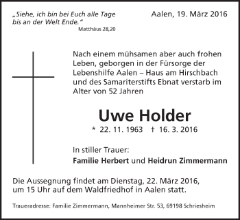 Traueranzeige von Uwe Holder von Schwäbische Post