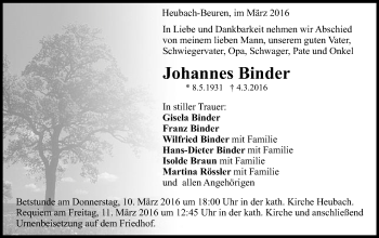 Traueranzeige von Johannes Binder von Gmünder Tagespost