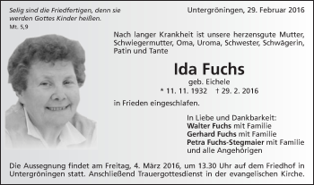 Traueranzeige von Ida Fuchs von Schwäbische Post