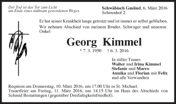 Traueranzeige von Georg Kimmel von Gmünder Tagespost