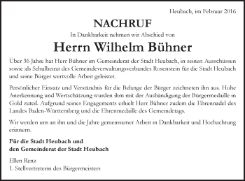 Traueranzeige von Wilhelm Bühner von Gmünder Tagespost