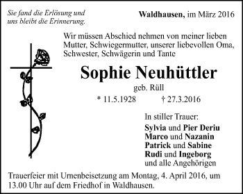 Traueranzeige von Sophie Neuhüttler von Gmünder Tagespost