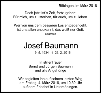Traueranzeige von Josef Baumann von Gmünder Tagespost