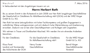 Traueranzeige von Herbert Roth von Gmünder Tagespost