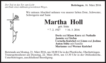 Traueranzeige von Martha Holl von Gmünder Tagespost