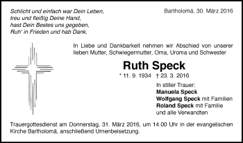 Traueranzeige von Ruth Speck von Gmünder Tagespost