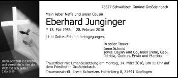 Traueranzeige von Eberhard Junginger von Gmünder Tagespost