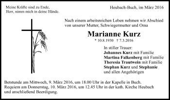 Traueranzeige von Marianne Kurz von Gmünder Tagespost