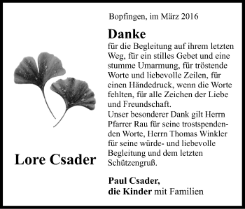 Traueranzeige von Lore Csader von Schwäbische Post