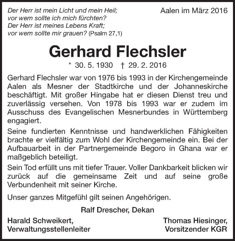  Traueranzeige für Gerhard Flechsler vom 10.03.2016 aus Schwäbische Post