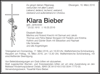 Traueranzeige von Klara Bieber von Schwäbische Post