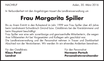 Traueranzeige von Margarita Spiller von Gmünder Tagespost