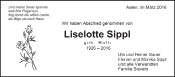 Traueranzeige von Liselotte Sippl von Schwäbische Post