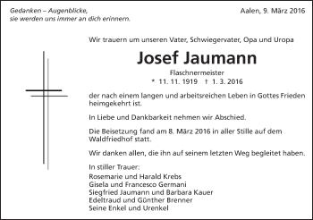Traueranzeige von Josef Jaumann von Schwäbische Post