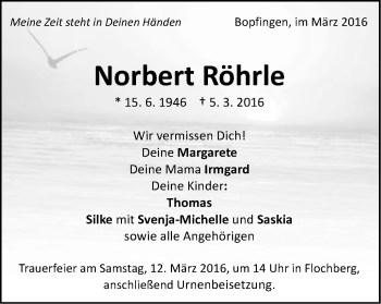 Traueranzeige von Norbert Röhrle von Schwäbische Post