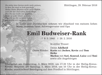 Traueranzeige von Emil Budweiser-Rank von Schwäbische Post