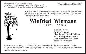 Traueranzeige von Winfried Wiemann von Gmünder Tagespost