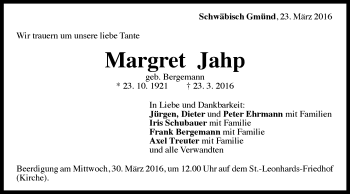 Traueranzeige von Margret Jahp von Gmünder Tagespost