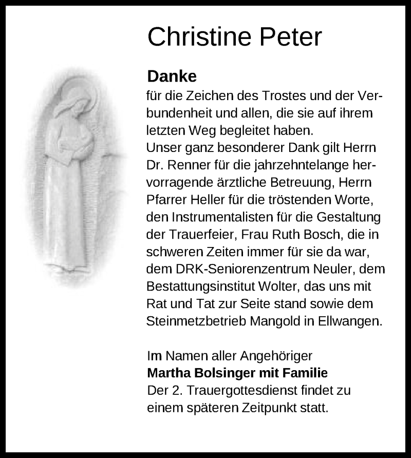  Traueranzeige für Christine Peter vom 01.03.2016 aus Schwäbische Post