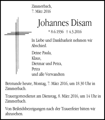 Traueranzeige von Johannes Disam von Gmünder Tagespost